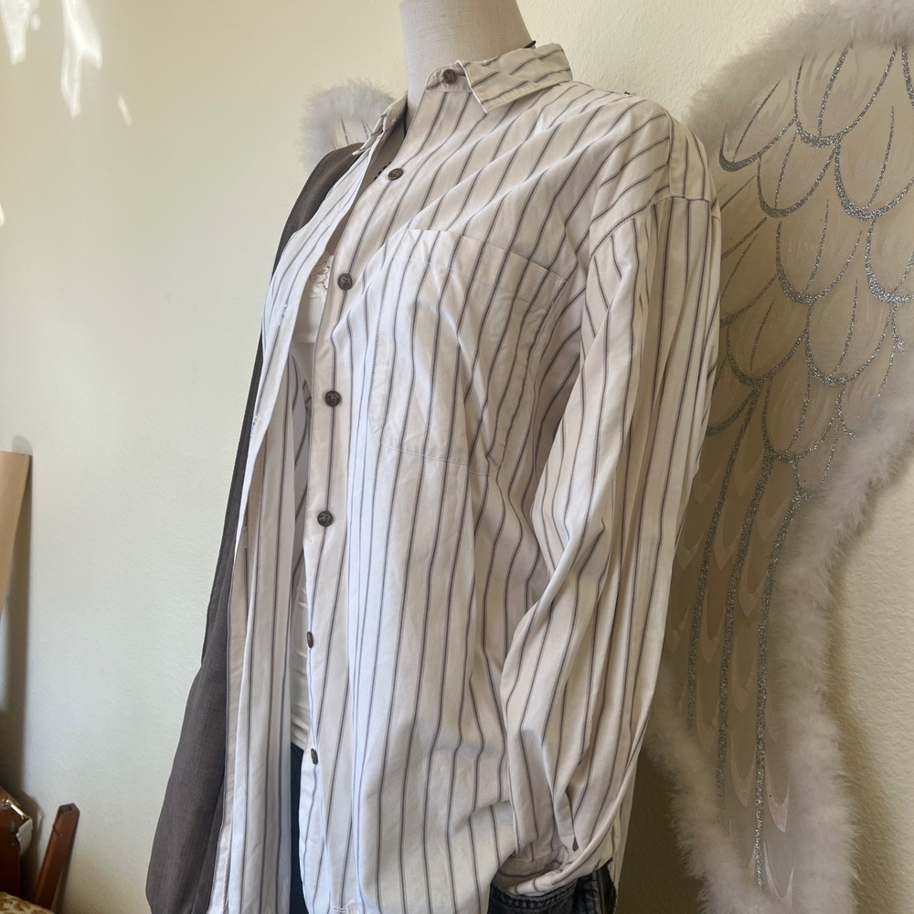 Indie Skater Grunge Stripe Oversized Shirt Button Up Long Sleeve Dad White Brown - Picture 2 of 6